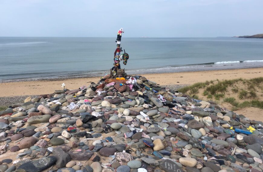 Dobby’s Grave fan memorial at Freshwater West beach in Pembrokeshire, Wales