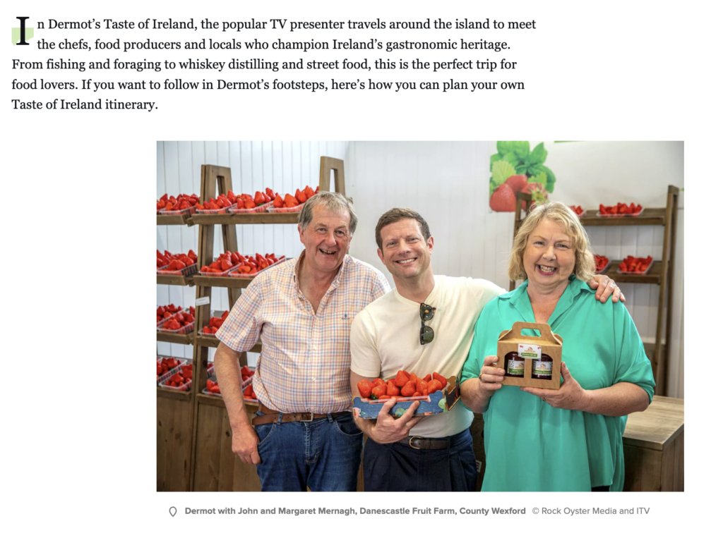 Screenshot of Tourism Ireland's Dermot's Taste of Ireland itinerary page inviting viewers to follow presenter Dermot O'Leary's journey around Ireland.