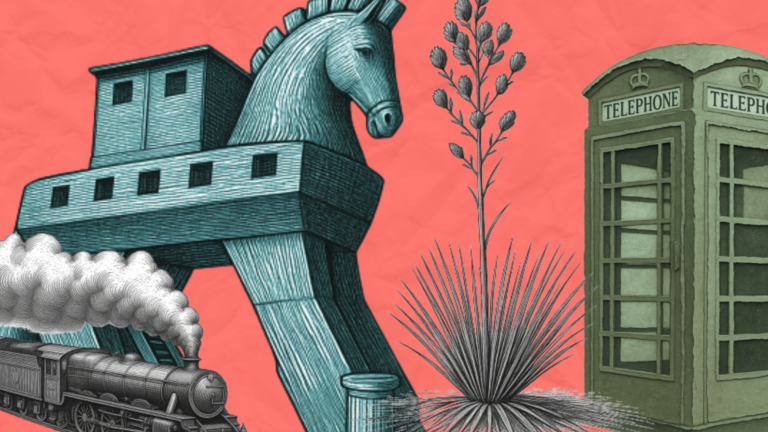 Editorial collage representing screen tourism news, featuring a Trojan horse, steam train and British telephone box