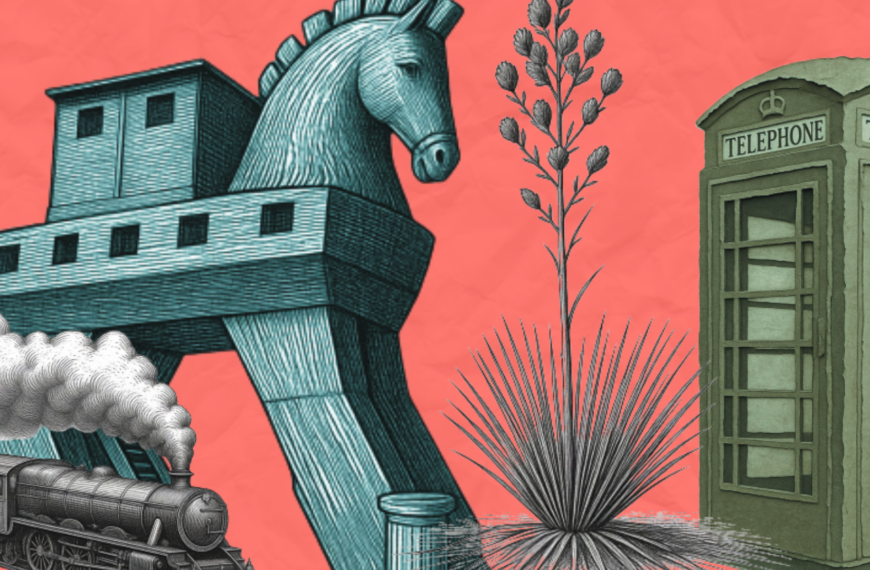 Editorial collage representing screen tourism news, featuring a Trojan horse, steam train and British telephone box